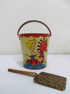 lot 187 image: Vintage Tin Toy Sand Pail & Shovel wWindup Rabbit Toy