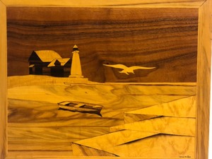 lot 360 image: Signed Multi-Wood Inlaid Lighthouse Shoreline Artwork 