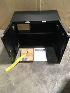 lot 43 image: Heavy Duty Welded 20-Gauge Steel Wall Mounted Garage Cabinet in Black (28 in. W x 22 in. H x 14 in. D) by Husky Customer Returns See Pictures See Pictures