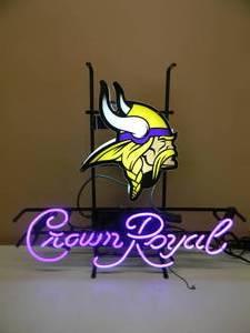 lot 1 image: RARE - AWESOME - CROWN ROYAL MINNESOTA VIKINGS NEON LIGHT - NEW OUT OF THE BOX - GREAT PIECE - APPROX 24 BY 22 - SEE PICTURES