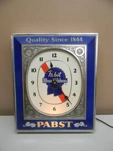 lot 11 image: VINTAGE PABST BLUE RIBBON BEER LIGHTED BAR CLOCK  SIGN - NICE - CLOCK & LIGHT WORK - GREAT PIECE - APPROX 13 BY 15 - SEE PICTURES