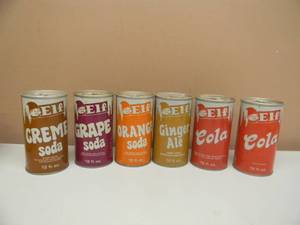 lot 23 image: Vintage Steel - Bottom Opened Elf CREME SODA, ORANGE SODA, GRAPE SODA, GINGER ALE & 2 COLA - Hopkins MN. - NICE CANS - GREAT COLLECTION - SEE PICTURES