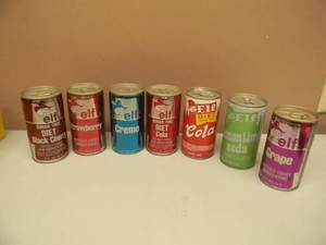 lot 24 image: Vintage Steel Bottom Opened Elf CREME, STRAWBERRY, DIET COLA, DIET COLA, DIET BLACK CHERRY, GRAPE, LEMON LIME SODA - Hopkins MN. - NICE CANS - GREAT COLLECTION - SEE PICTURES