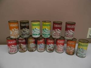 lot 25 image: VINTAGE SHASTA 12OZ FLAT TOP, TOP OPENED SHASTA POP CAN COLLECTION - SEE PICTURES
