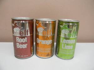 lot 26 image: VINTAGE ELF STEEL FACTORY SEALED EMPTY 12OZ POP CANS - ROOT BEER, ORANGE & LEMON LIME - NICE COLLECTION - SEE PICTURES
