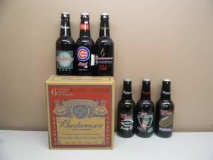 lot 28 image: 6 PACK OF BUDWEISER BEER BIG 15 GLASS DISPLAY BOTTLES - NICE - SEE PICTURES