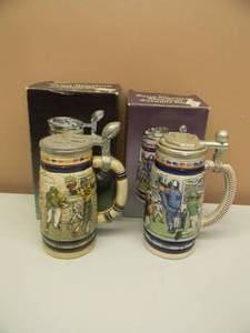 lot 44 image: Vintage Avon Football 1983 & Baseball 1984 Beer Steins - Pewter Lids - Ceramic Brazil - NICE IN BOX - SEE PICTURES