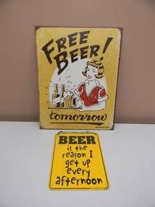 lot 49 image: VINTAGE BEER TINS - FREE BEER TOMORROW & BEER IS THE REASON I GET EVERY AFTERNOON - SEE PICTURES