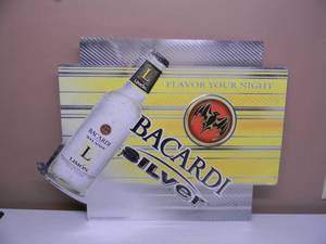 lot 53 image: VINTAGE BACARDI SILVER TIN BAR SIGN - APPROX 28 BY 25 - SEE PICTURES