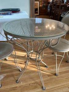 lot 140 image: Metal Garden Table with Glass Top and Two Chairs