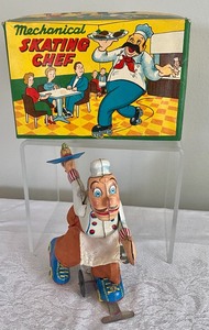 lot 251 image: Vintage Mechanical Wind Up Skating Chef by T.P.S.