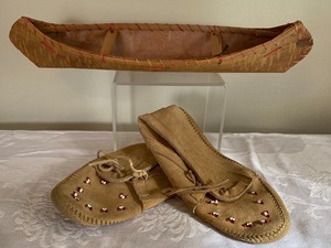 lot 270A image: Birch Canoe Figurine, Pair of Moccasins and More