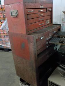 lot 51 image: Red 2 pc Metal Tool Stand on Wheels...