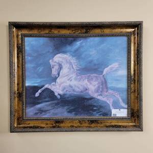 lot 07 image: Vintage Custom Framed Painting-A Horse Frightened by Lightening by Theodore Gericault