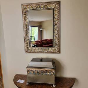 lot 20 image: Beautiful Hand Painted Metal Mirror and Chest Set