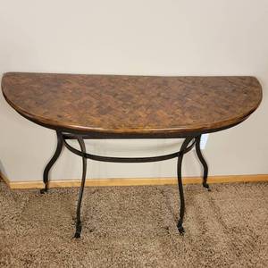lot 21 image: Stunning Wooden and Metal Half-Circle Table