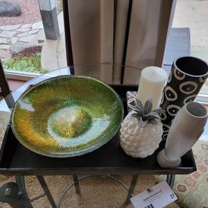 lot 27 image: Home Decor Collection- Green Glass Bowl, Porcelain Pineapple, 2 Porcelain Vases, Candle Holder and Candle