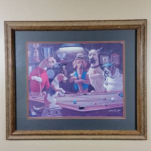 lot 33 image: Framed Dogs Playing Pool Art Print