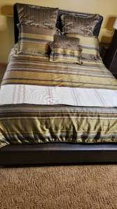 lot 43 image: Queen Size Simmons Back Care Pillow Top Mattress with 2 Foam Topper and Leather Headboard and Bed Frame with Bedding and Pillows