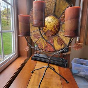 lot 181 image: Autumn Decor Set- Leaf Candle Holder with Candles, Leaf Painting, and Metal Bowl