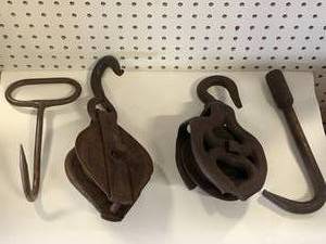 lot 41 image: Lot of Antique Pulleys & Hooks