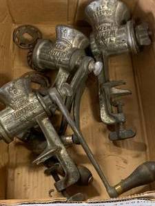 lot 48 image: Lot of Three Antique Meat Food Grinders & Blades