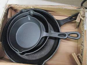 3 cast iron pans open box ...