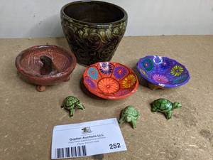 Three Hand Painted Wooden Bowls, Motor and Pestle, Planter and Three Tiny Frogs