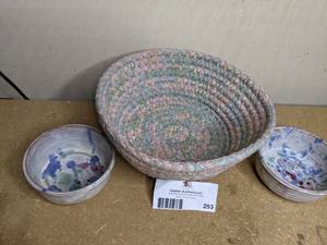 Pastel Collection-Rag Basket and Two Hand-Crafted Ceramic Bowls Signed by the Artist