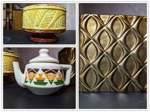 Kitchen Collection-Teapot, Gold Square Vase, Yellow Ceramic Bowl