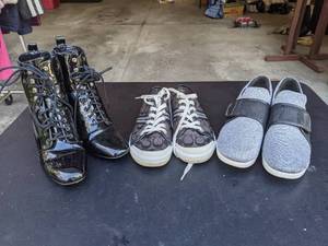 lot 308 image: 3 Pairs of Size 7.5 and 8 Womens Designer Shoes-Anne Klein Boots, Coach Sneakers, and DKNY Sneakers