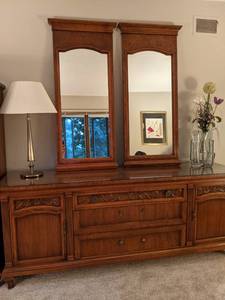 Stunning Vintage Wooden Dresser With Glass Top and (2) Mirrors&nbsp
