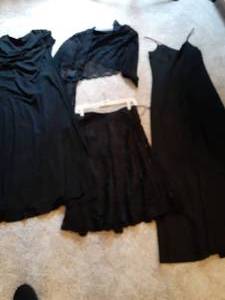 Collection of Womens Size 6 Black Clothing Dresses, Shawl, and Skirt