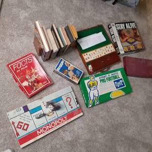 Vintage Board Games and Books Monopoly, Boggle, Scrabble, French Fairy Tales, 1985 Guinness Book, Keene, and More.