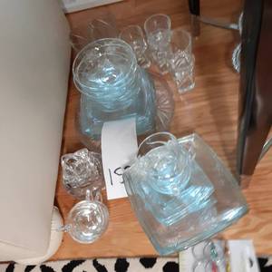 Matching Set of Glass Dishware and Other Decor Serving Tray, Plates, Bowls, Glasses, Vintage Ash Tray, Napkin Rings, Etc&nbsp