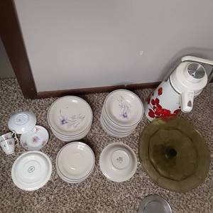 Kitchen Items Dish Set, Vintage Drink Dispenser, Glass Platter, Mimi Tea Cups