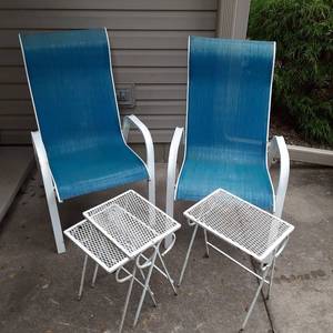 Set of (2) Stackable Blue Patio Chairs and (3) Stackable Side Patio Tables&nbsp