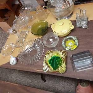 Beautiful Vintage Assortment of Serving Dishes, Green Glass, and More&nbsp