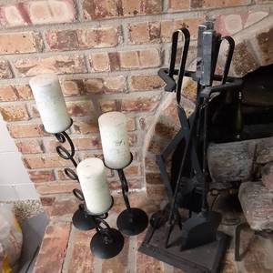 Set of (3) Decorative Candles and Stands with Fireplace Tool Set&nbsp