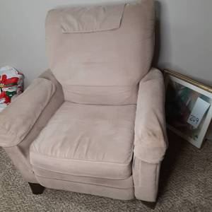 Comfy Beige Arm Chair with Arm and Head Rest Protectors