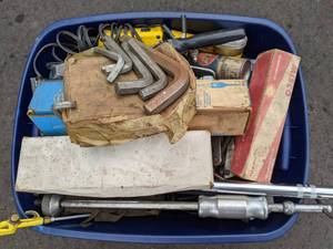 lot 73 image: Garage Items - Dewalt Drill, Bits, Torque Gauge, Sander, Battery Hydrometer, and more