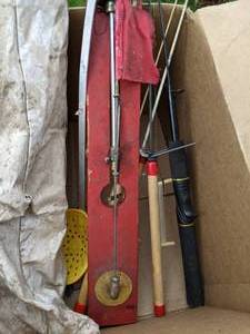 lot 75 image: Vintage Ice Fishing Gear - Heritage Ice Fishing Poles, Jigging Rod, Open Face Reel, Tip-up, Ice Skimmer