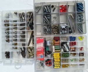 lot 27 image: Lot of (3) Utility Tackle Boxes w Fuses, Screws, Bits, & More