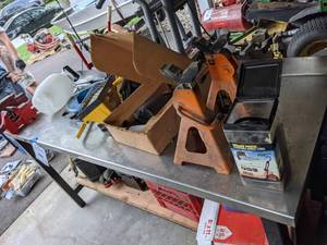 lot 195 image: Table Contents of Lot Belt Sander, Job Sight Light, Craftsman Router, Pop Rivet Gun and Much More