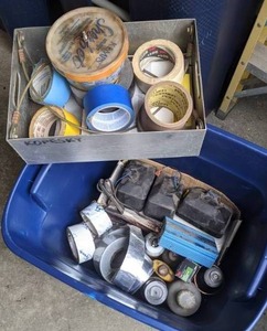 lot 169 image: Box and Bin of Variety of Tape, Power Inverter, Automotive Lights, & More