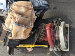 lot 118 image: Miscellaneous Tool Lot - Leather Tool Belt, Milwaukee 7-14 Circular Saw and Blades, and more