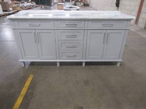 Home Decorators Collection Sonoma 72 in. W x 22 in. D Bath Vanity in Pebble Gray with Carrara Marble Top with White Sinks, 72PG - Top has some small cracks.