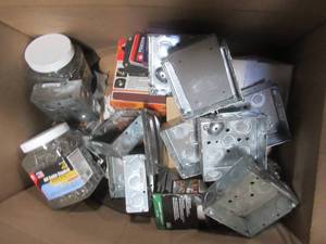 WHOLESALE MIXED BOX OF MISCELLANEOUS ELECTRICAL BOXES, FASTENERS AND MORE