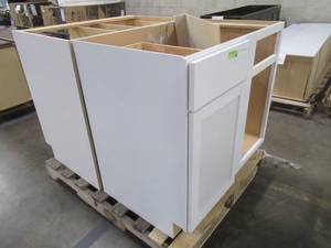 WHOLESALE MIXED PALLET OF MISCELLANEOUS Courtland Polar White Finish Laminate Shaker Stock Assembled Blind Base Kitchen Cabinets 36 in. x 34.5 in. x 24 in.
