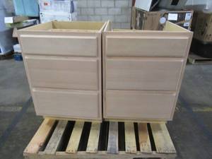 WHOLESALE MIXED PALLET OF MISCELLANEOUS  Unfinished 3 Drawer Kitchen Cabinets 24 x 24 x 34 12 - Need Some repair.